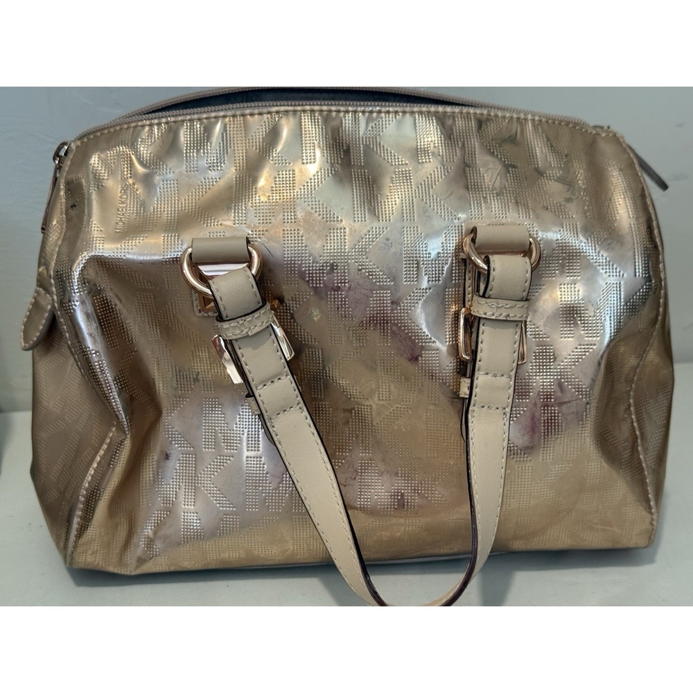 Michael Kors Grayson Satchel Rose Gold Mirror Metallic Logo Monogram Bag Y2K - Picture 7 of 16